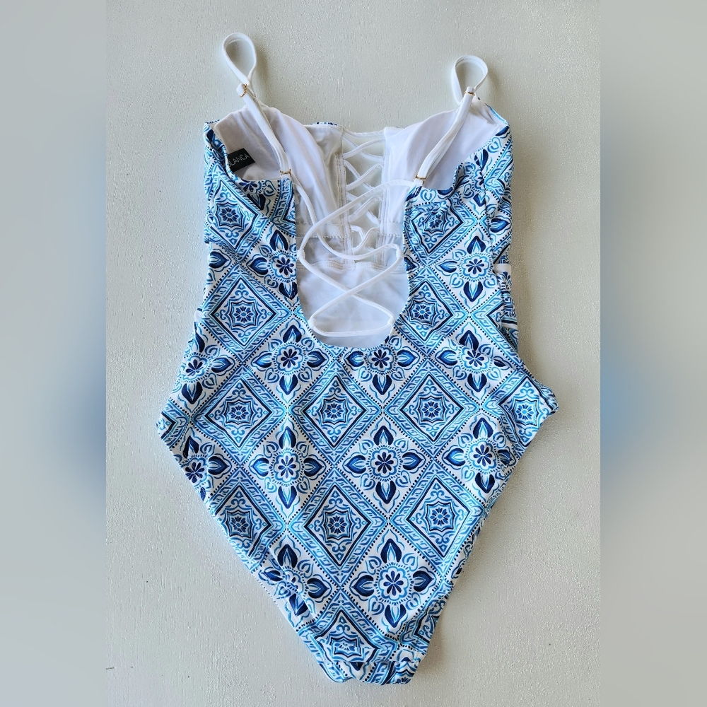 La Blanca Blue & White Tile-Print One-Piece Swim Suit with Lace-Up Front - Picture 5 of 9
